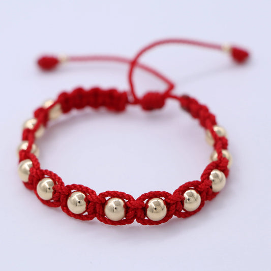 Brazalete Rojo En Macramé Balín Oro Laminado 18k