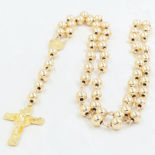 Rosario Balin 8mm Cruz San Benito Oro Laminado 18k