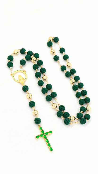 Rosario Virgen Y Cruz Esmeralda Oro Laminado 18k