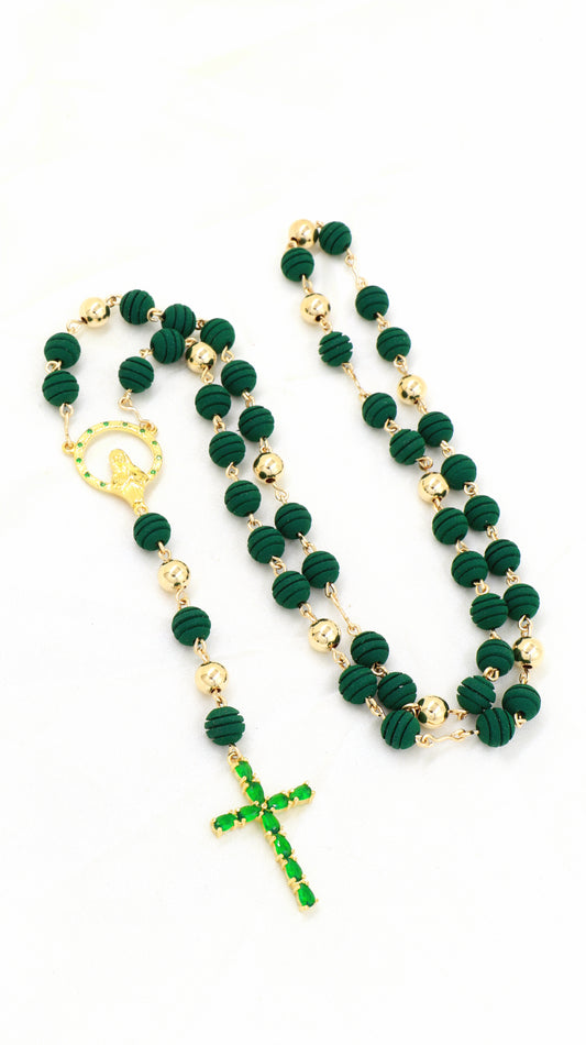 Rosario Virgen Y Cruz Esmeralda Oro Laminado 18k