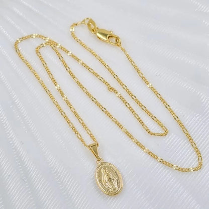 Cadena tejido 3x1 Diamantada Y Colgante Virgen Milagrosa Pequeña Oro Laminado 18k