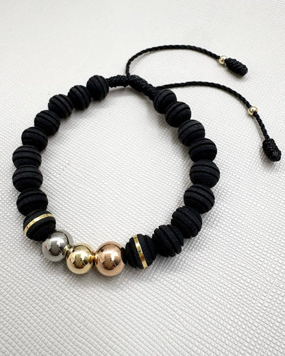 Brazalete Negro Tres Oros Balín Oro Laminado 18k