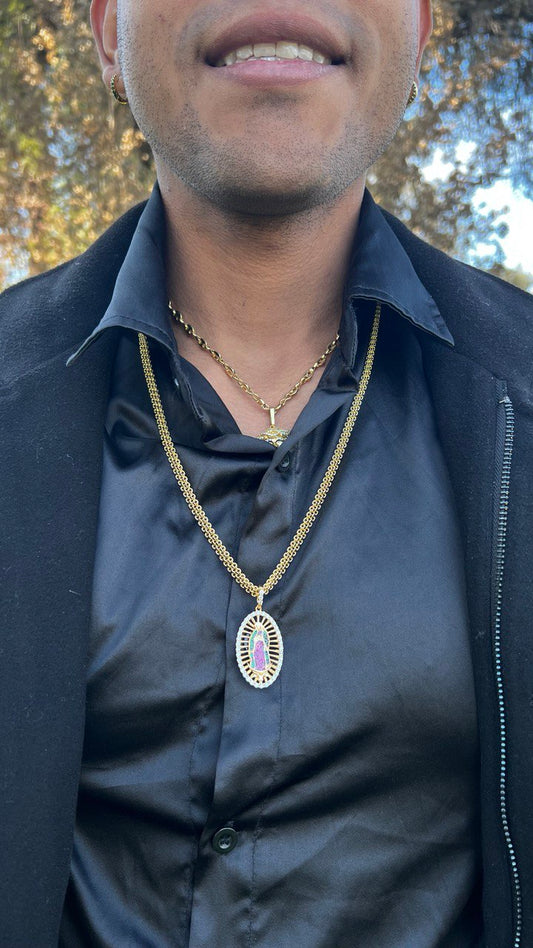 Cadena Tejido Chino Doble Carril Y Colgante Virgen De Guadalupe Swarovski Grande Oro Laminado 18k