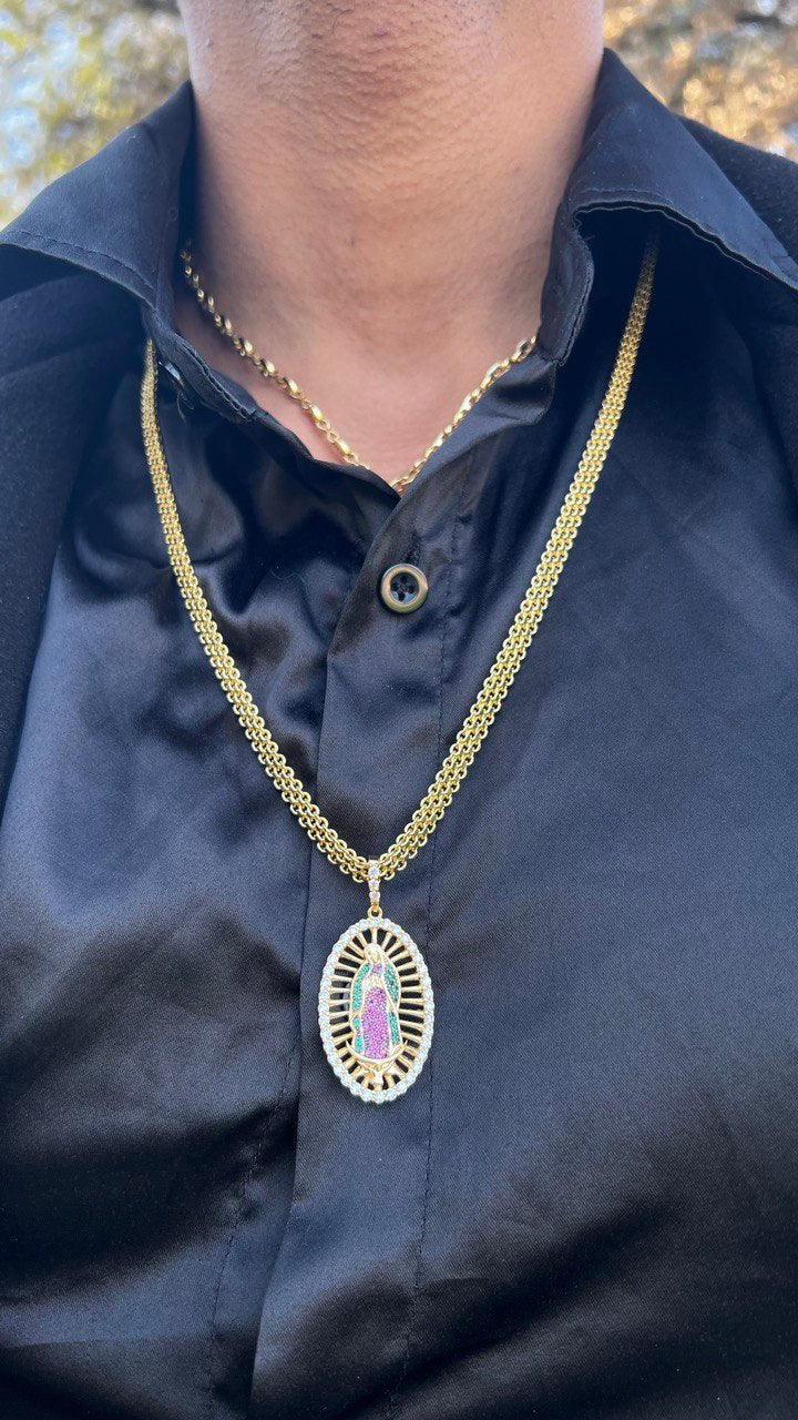 Cadena Tejido Chino Doble Carril Y Colgante Virgen De Guadalupe Swarovski Grande Oro Laminado 18k