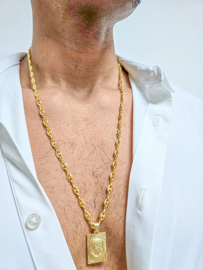 Cadena Tejido Gucci Semi Gruesa Y Colgante Rostro Placa Diamantada Oro Laminado 18k