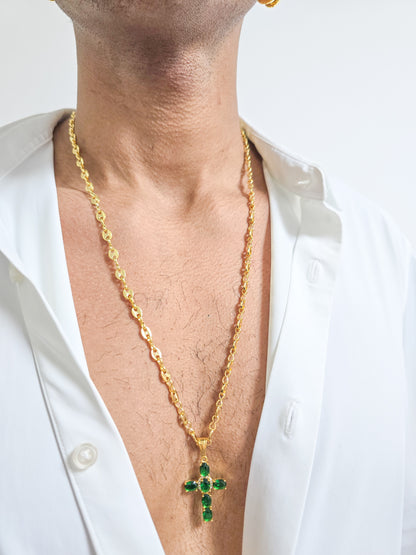 Cadena Tejido Gucci Semi Gruesa Y Colgante Cruz Brightness Oro Laminado 18k