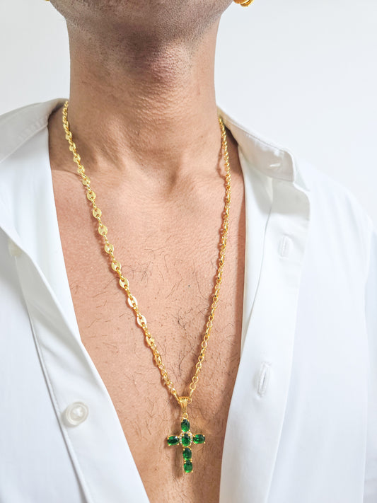 Cadena Tejido Gucci Semi Gruesa Y Colgante Cruz Brightness Oro Laminado 18k