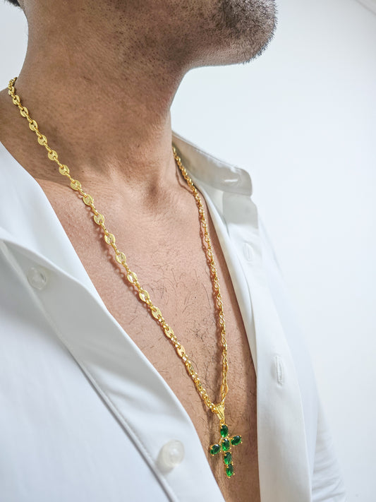 Cadena Tejido Gucci Semi Gruesa Y Colgante Cruz Brightness Oro Laminado 18k