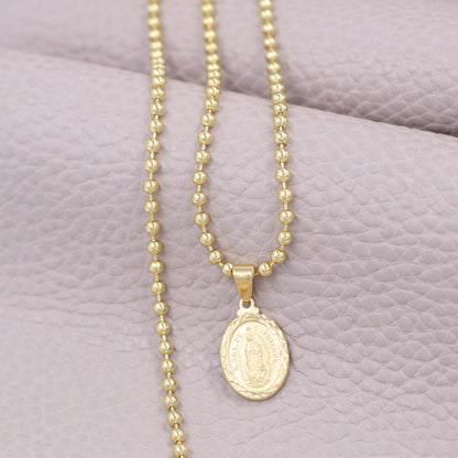 Cadena Tejido Militar Semi Gruesa Y Colgante Guadalupe Mediana Diamantada Oro Laminado 18k
