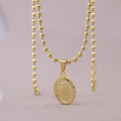 Cadena Tejido Militar Semi Gruesa Y Colgante Guadalupe Mediana Diamantada Oro Laminado 18k