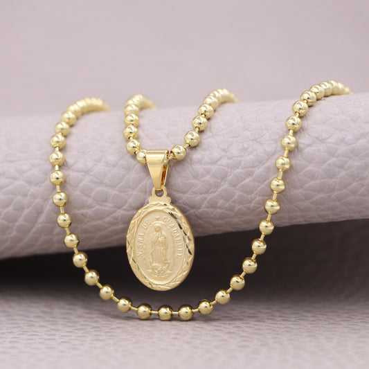 Cadena Tejido Militar Semi Gruesa Y Colgante Guadalupe Mediana Diamantada Oro Laminado 18k