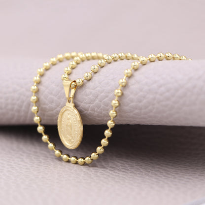 Cadena Tejido Militar Semi Gruesa Y Colgante Guadalupe Mediana Diamantada Oro Laminado 18k