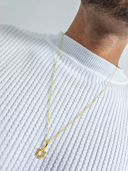 Cadena Tejido Singapur Delgada Y Colgante Estrella De David Oro Laminado 18k