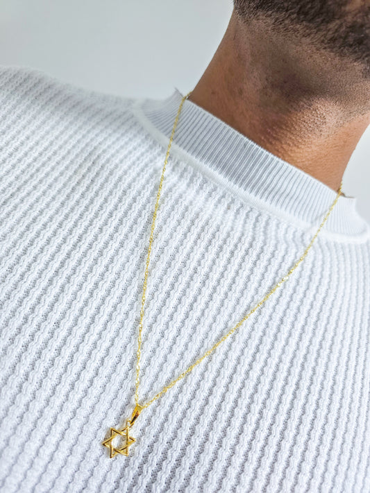 Cadena Tejido Singapur Delgada Y Colgante Estrella De David Oro Laminado 18k