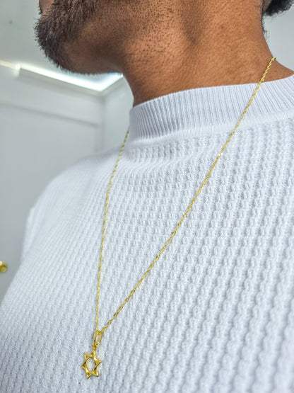 Cadena Tejido Singapur Delgada Y Colgante Estrella De David Oro Laminado 18k