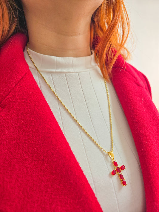 Cadena Tejido Tourbillon delgada Y Colgante Cruz Brightness Oro laminado 18k