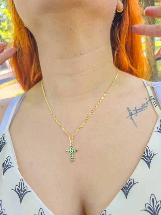 Cadena Cubana Delgada Y Colgante Cruz Mini Swarovski Oro Laminado 18k