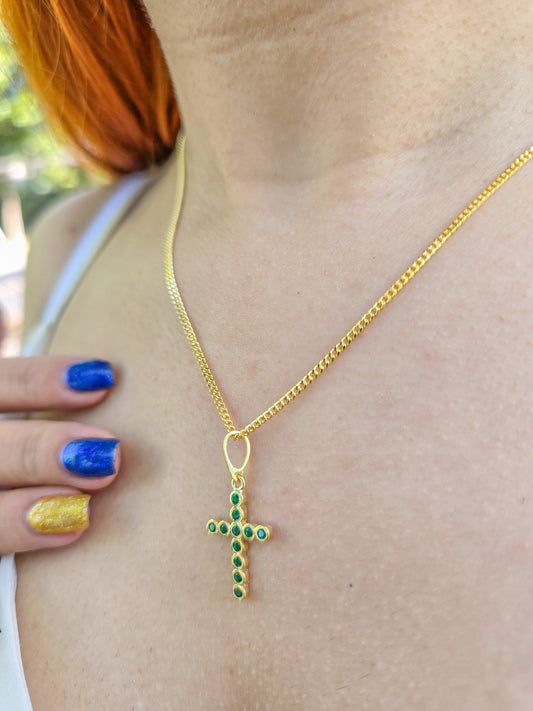 Cadena Cubana Delgada Y Colgante Cruz Mini Swarovski Oro Laminado 18k