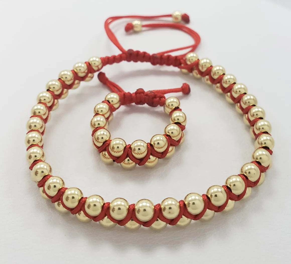 Conjunto Anillo y brazalete Artesanal Zig Zag Doble Balin Oro Laminado 18k